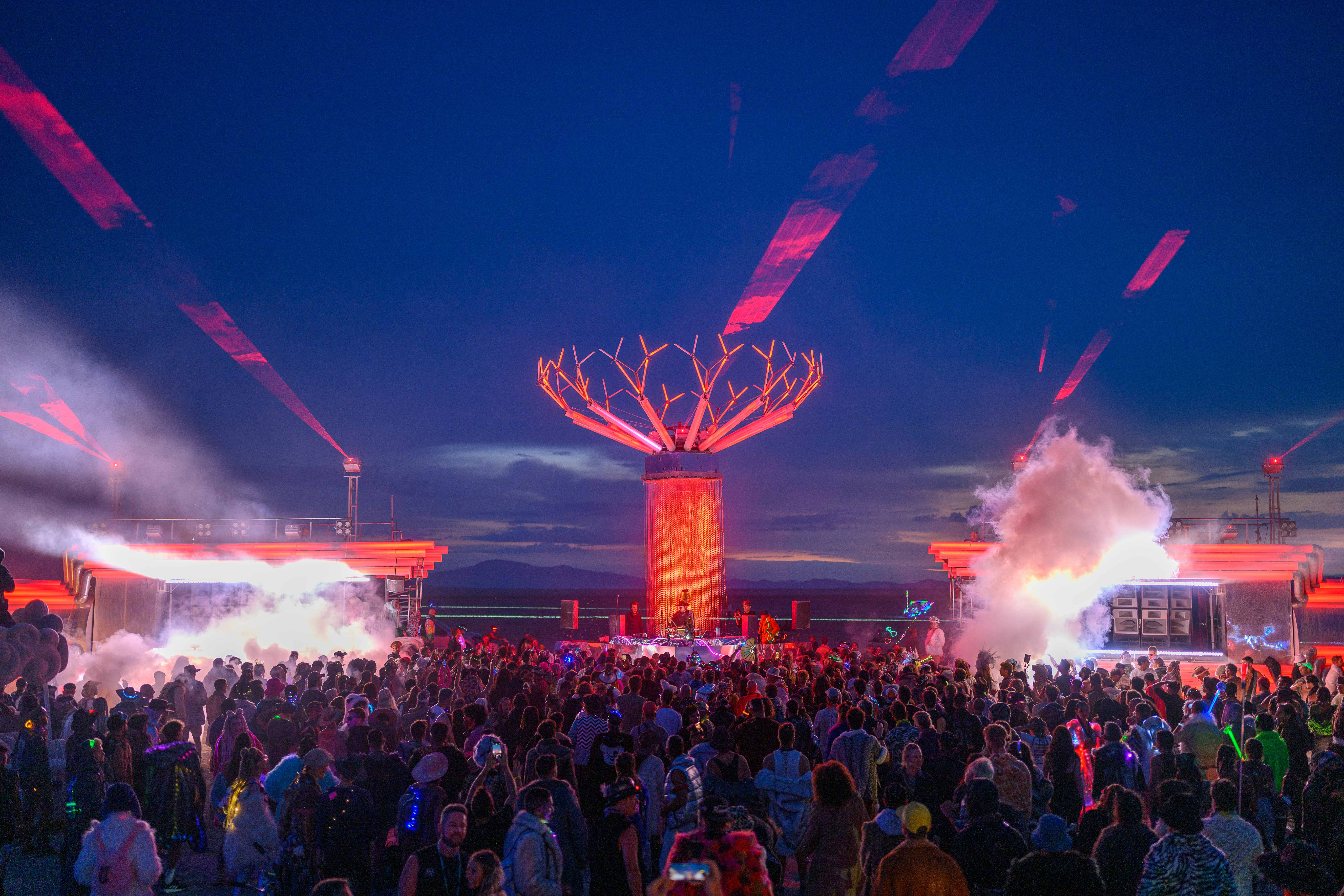 BiPolar Express art car and Singularity Tree at Burning Man