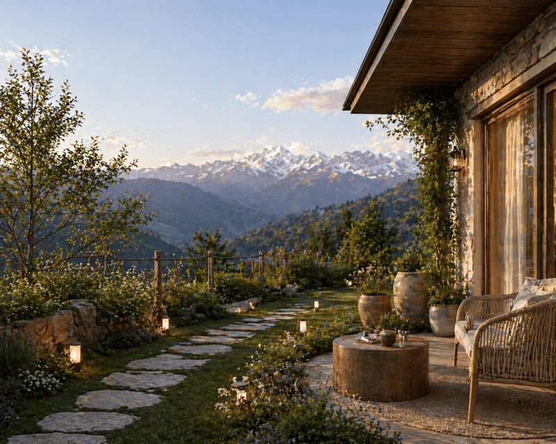 Terrace view of snow-capped Himalayas