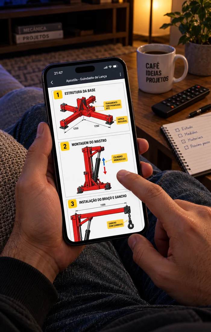 Celular com etapas da montagem do guindaste