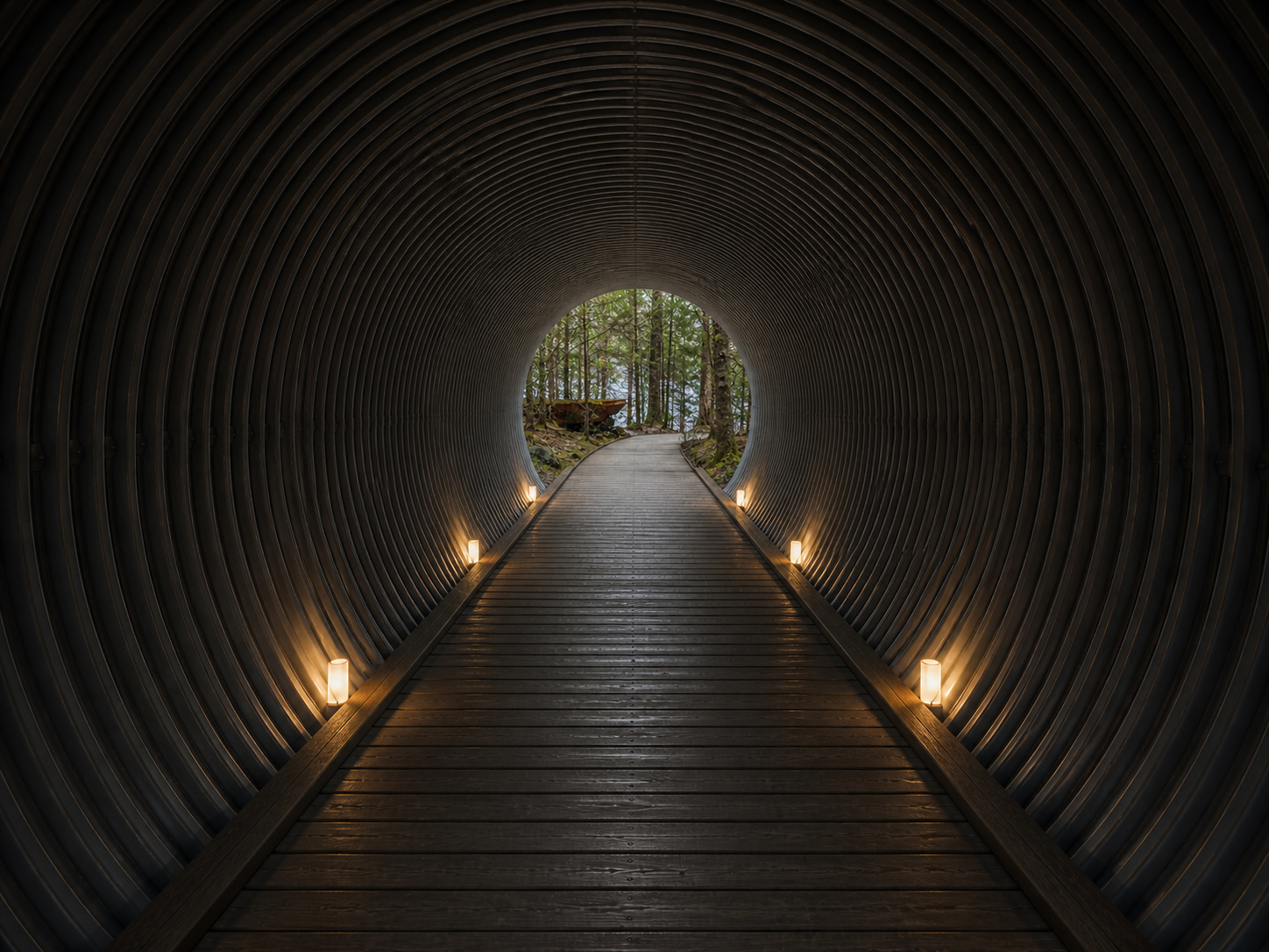 Tunnel architectural en bois avec lanternes menant vers la forêt