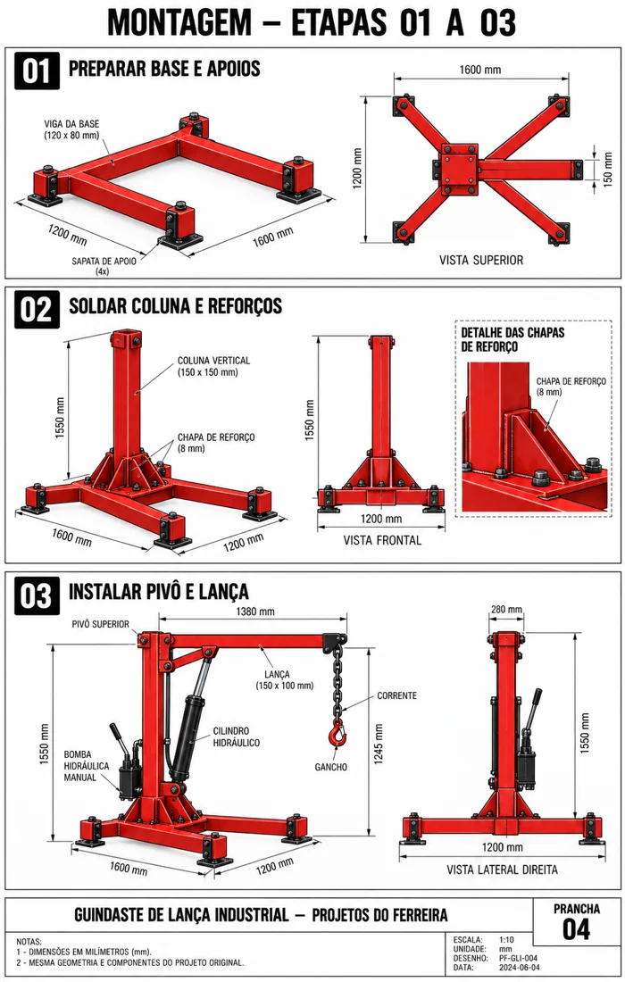 Prancha técnica com montagem das etapas 01 a 03