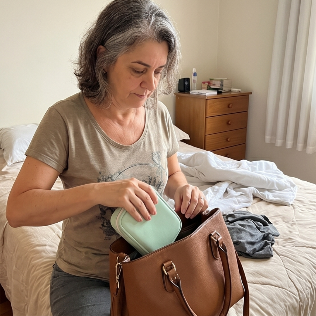 Cliente colocando organizador na bolsa