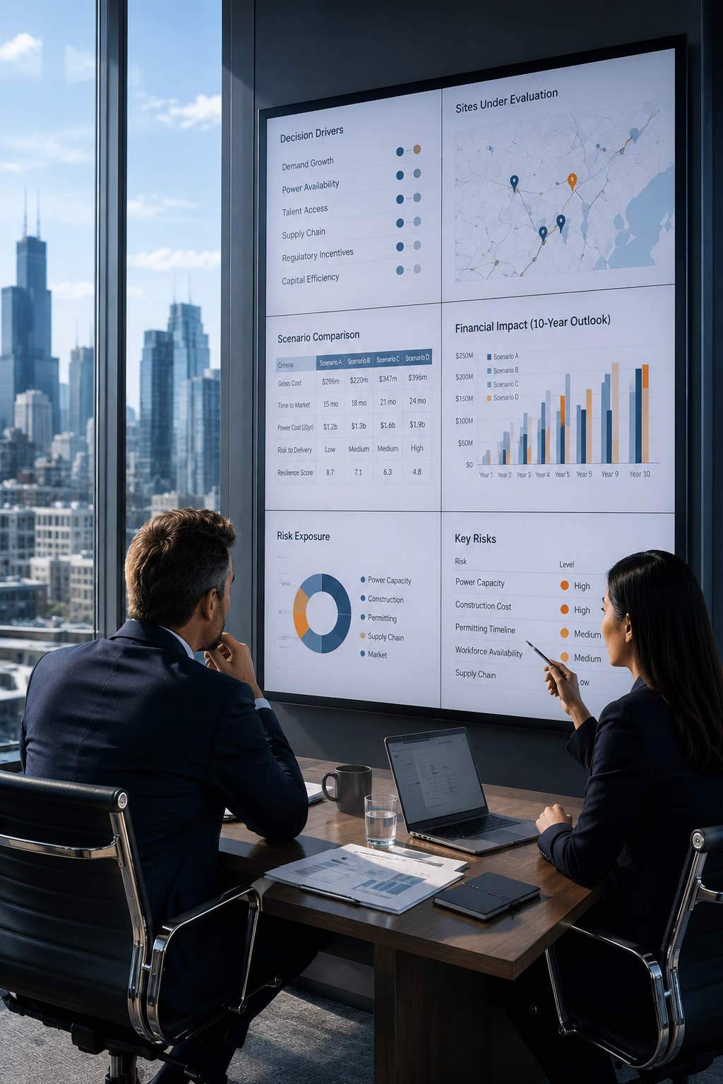 Two senior advisors evaluate decision drivers, site options, financial impact, and key risks on a large analytical display beside a Chicago skyline window