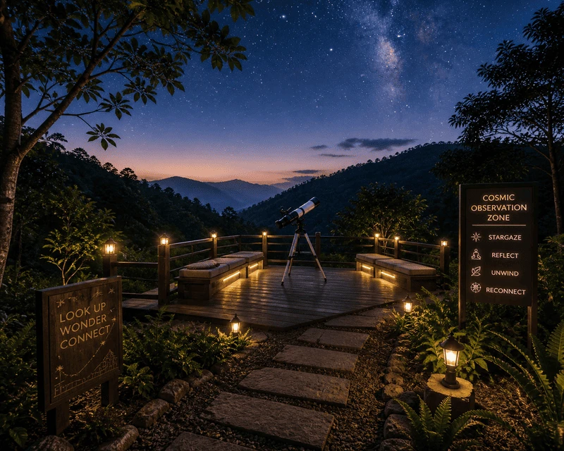 Cosmic observation zone at night with telescope