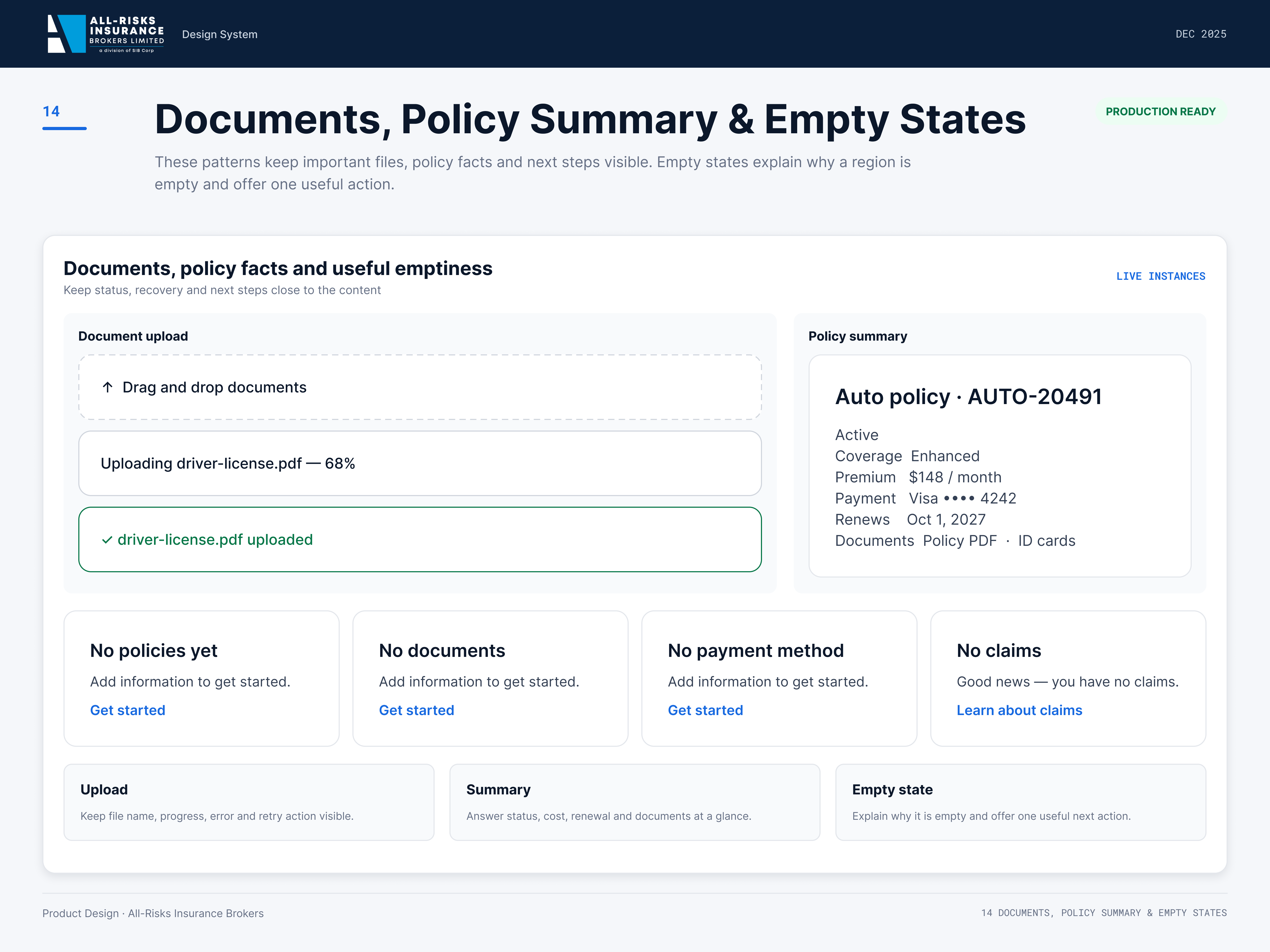 Documents page: document upload with progress and success states, an auto policy summary, and four empty states