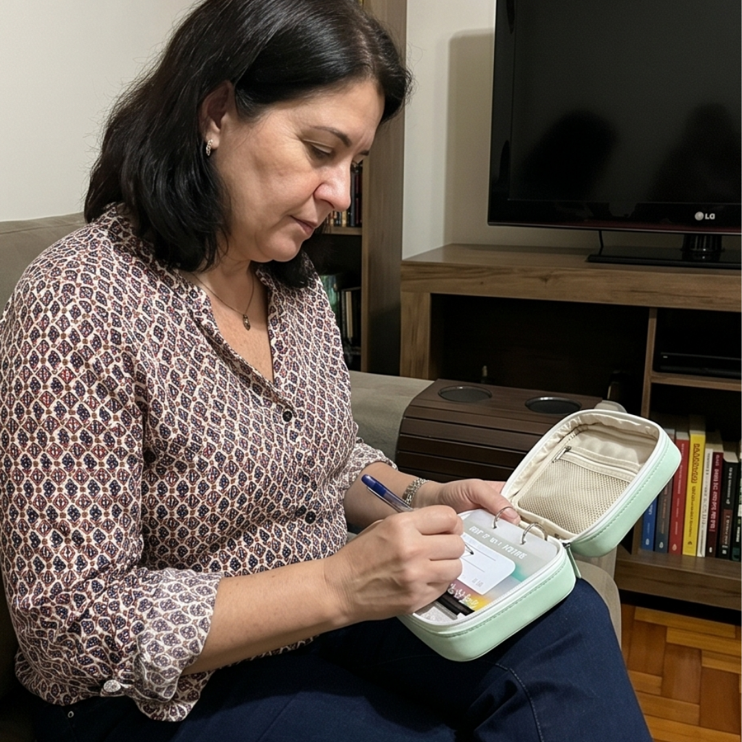 Cliente escrevendo no organizador no sofá