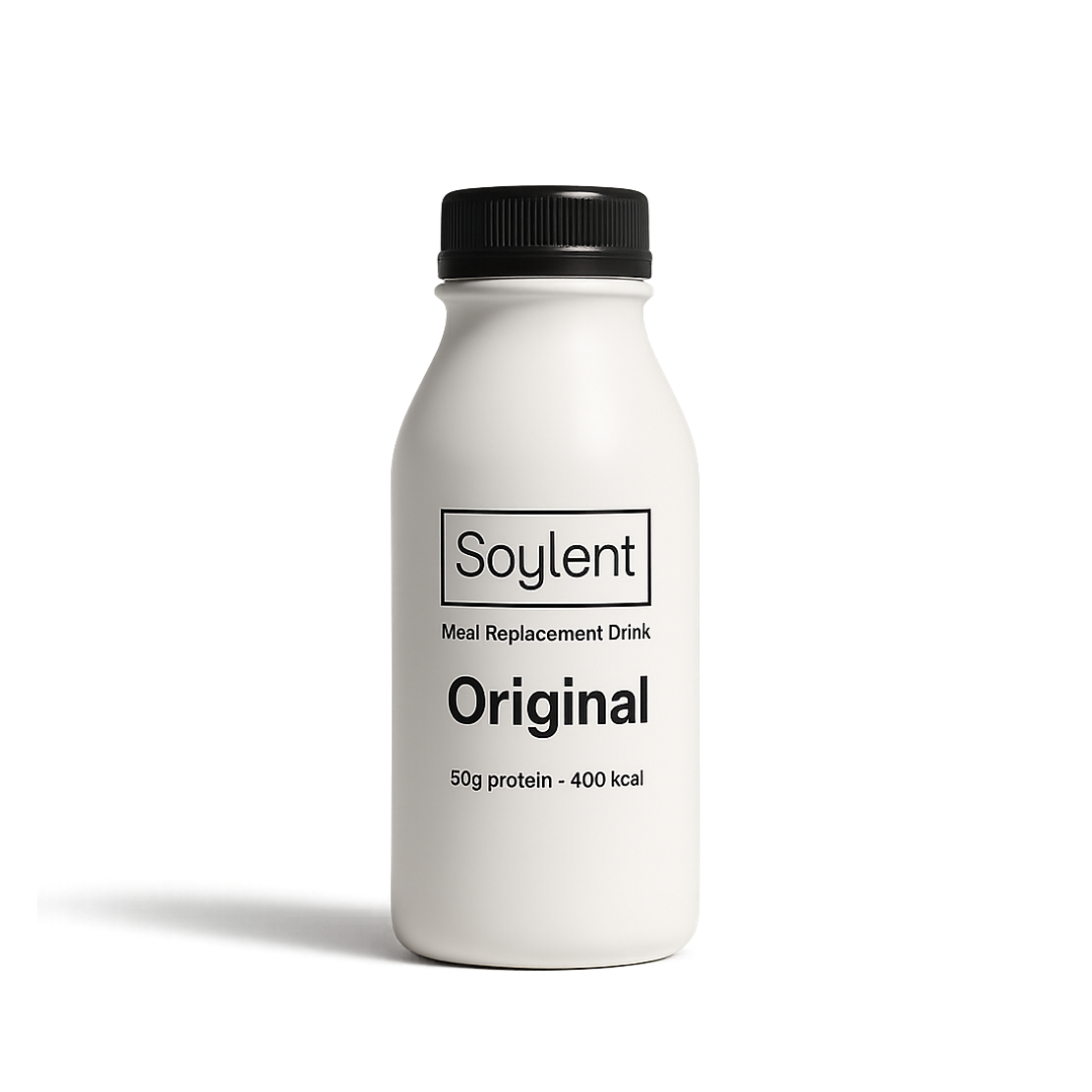 Soylent Original meal replacement bottle rendered minimal with sharp contact shadow