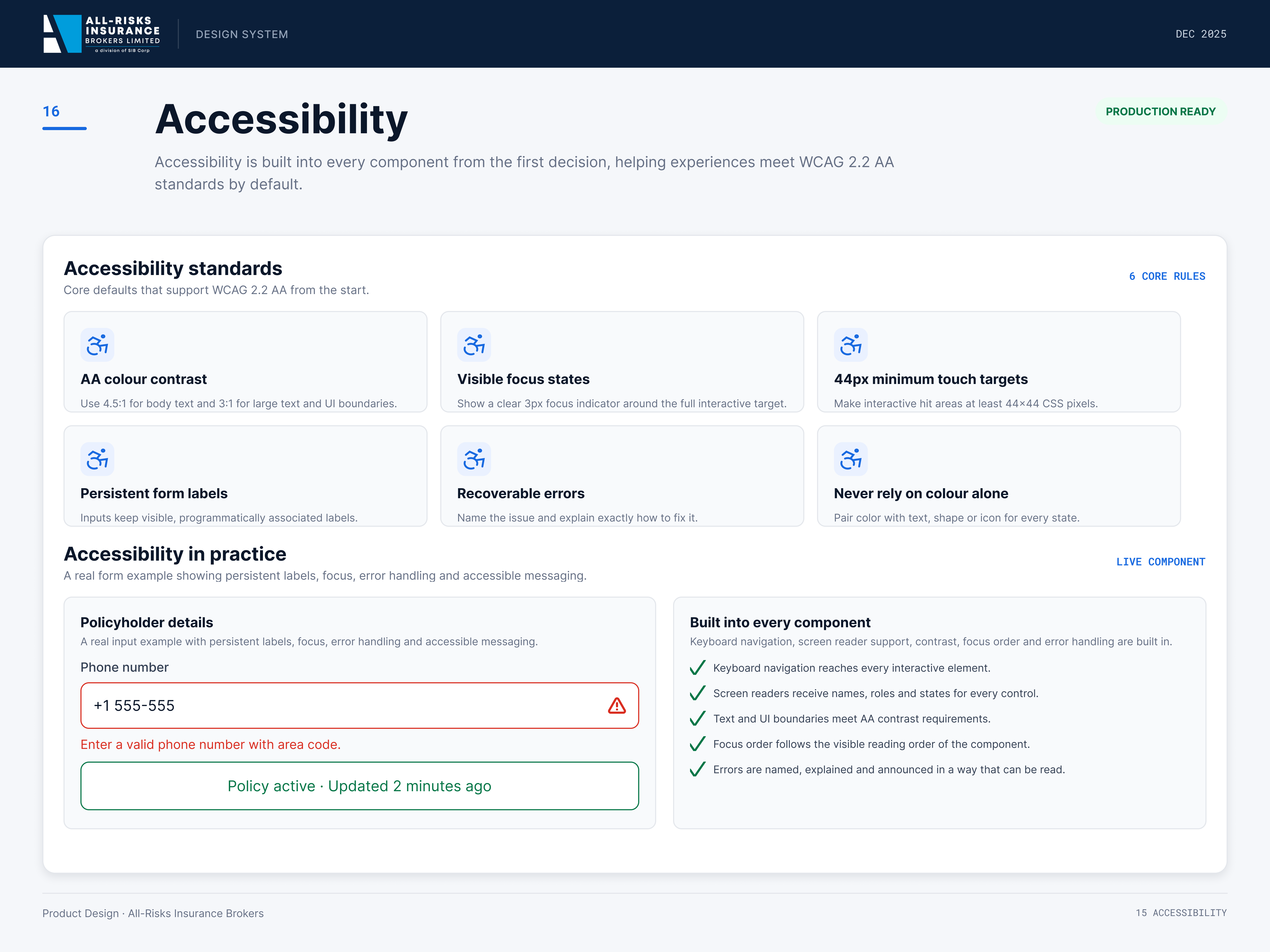 Accessibility page: six core WCAG 2.2 AA rules, plus a live phone number form with an error state and a checklist of what is built into every component