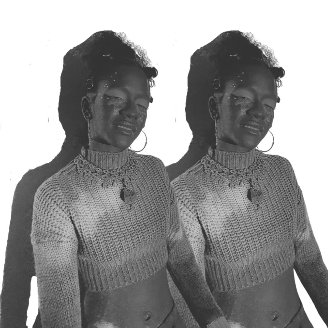Grayscale mirrored double portrait on white background