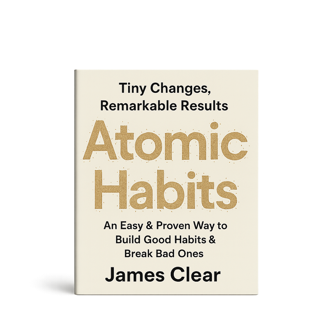 Atomic Habits hardcover book rendered upright with embossed gold title detail