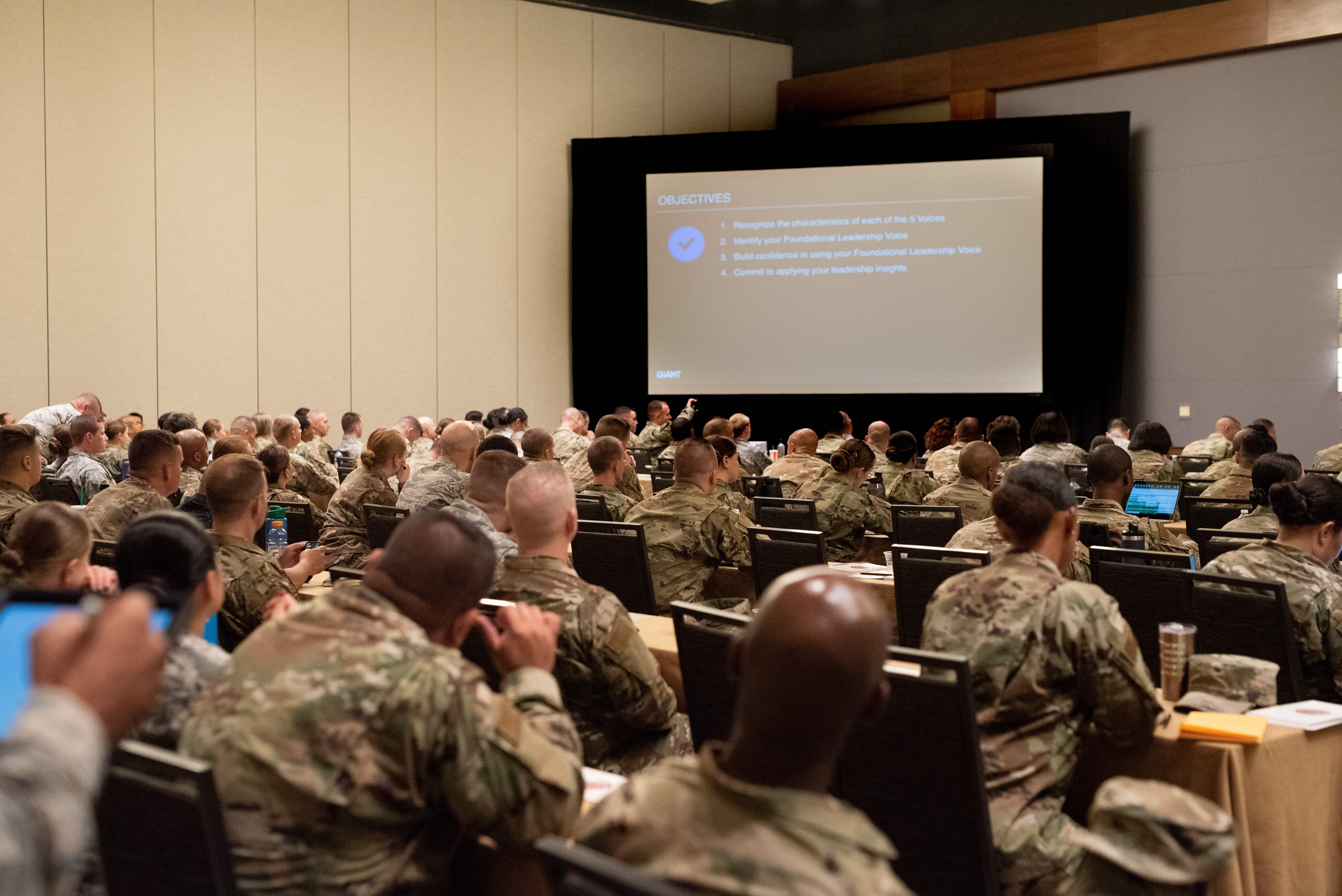 Military personnel in leadership training classroom