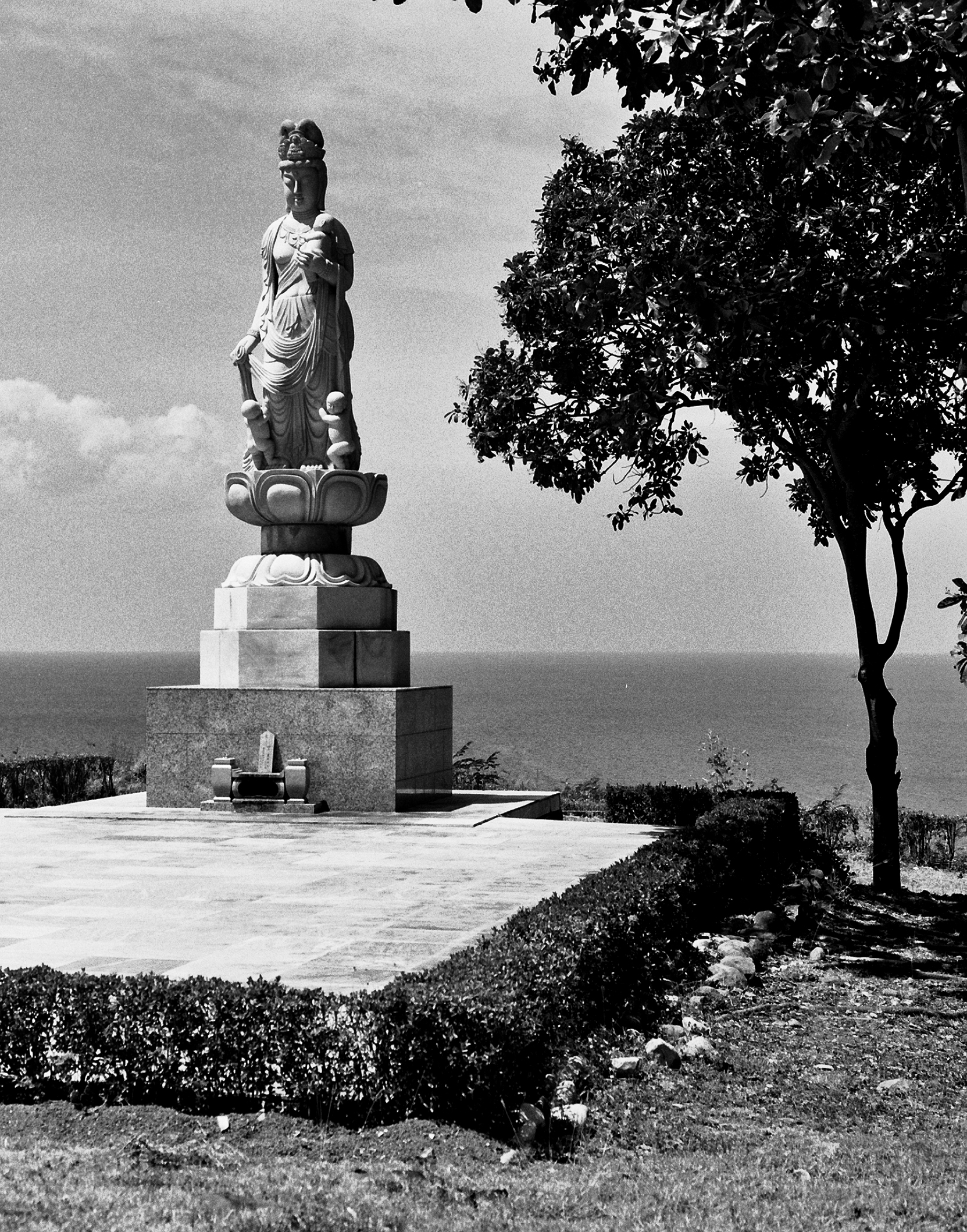 White robed female statue monument on pedestal overlooking ocean horizon with tree branches and coastal landscape