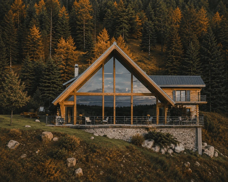 Modern cottage with large windows overlooking autumn forest