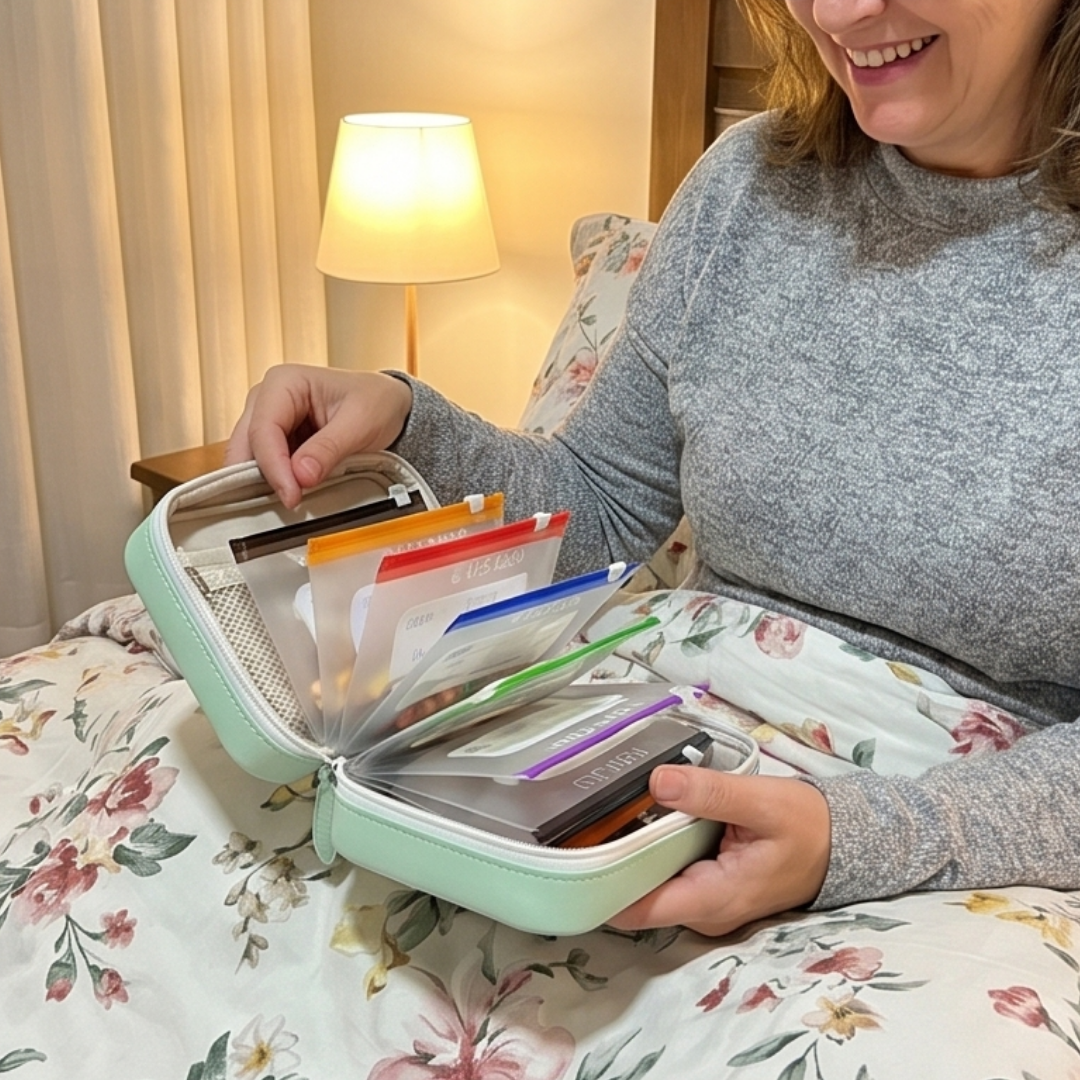 Cliente feliz com o organizador cheio de sachês coloridos