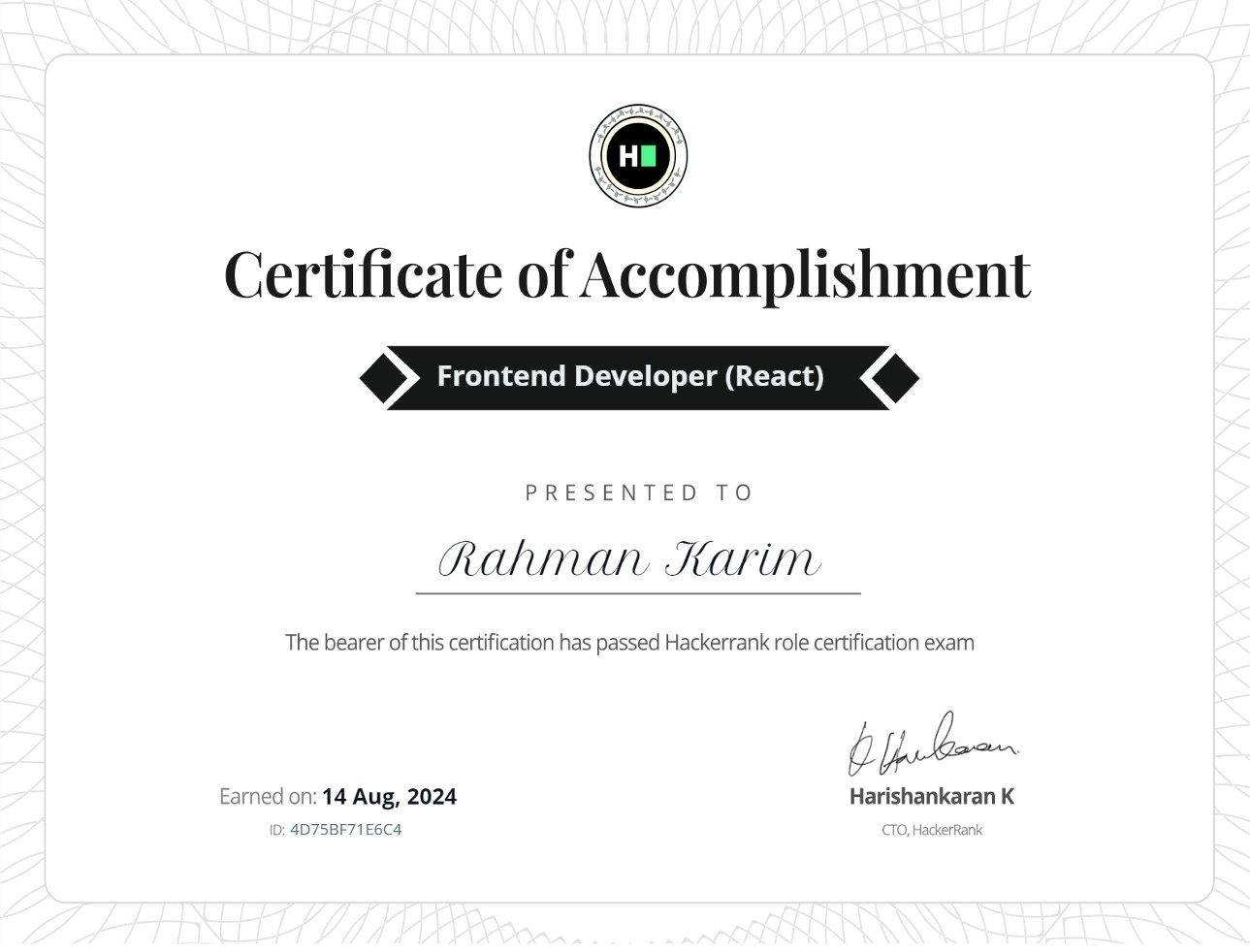 Frontend Developer (React) certificate