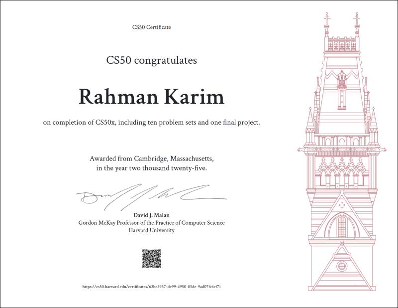CS50’s Introduction to Computer Science certificate