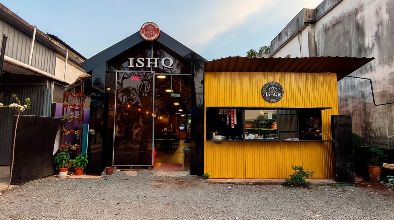 Ishq Restaurant storefront with black entrance and yellow counter extension