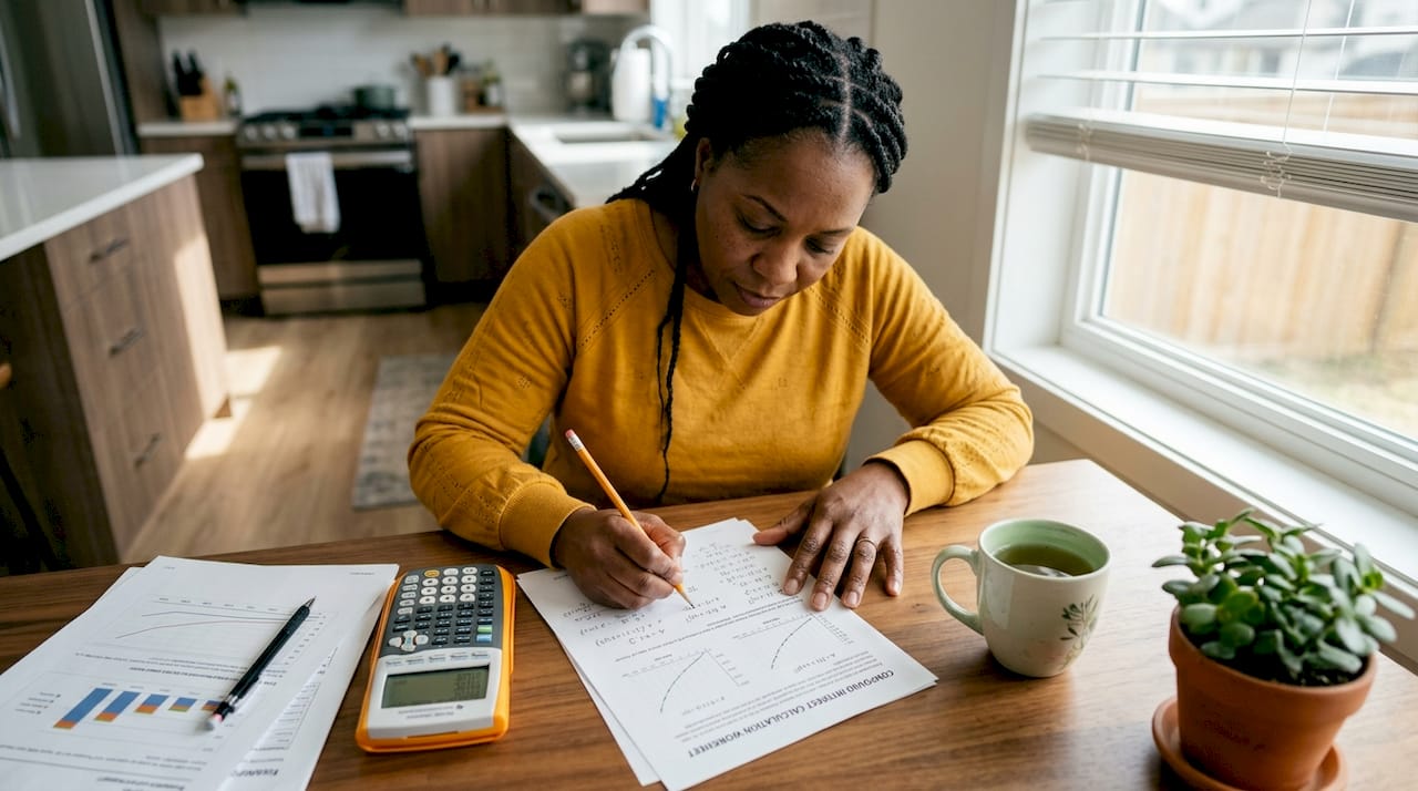 Woman working through a compound interest calculation worksheet by hand with a calculator at a home desk