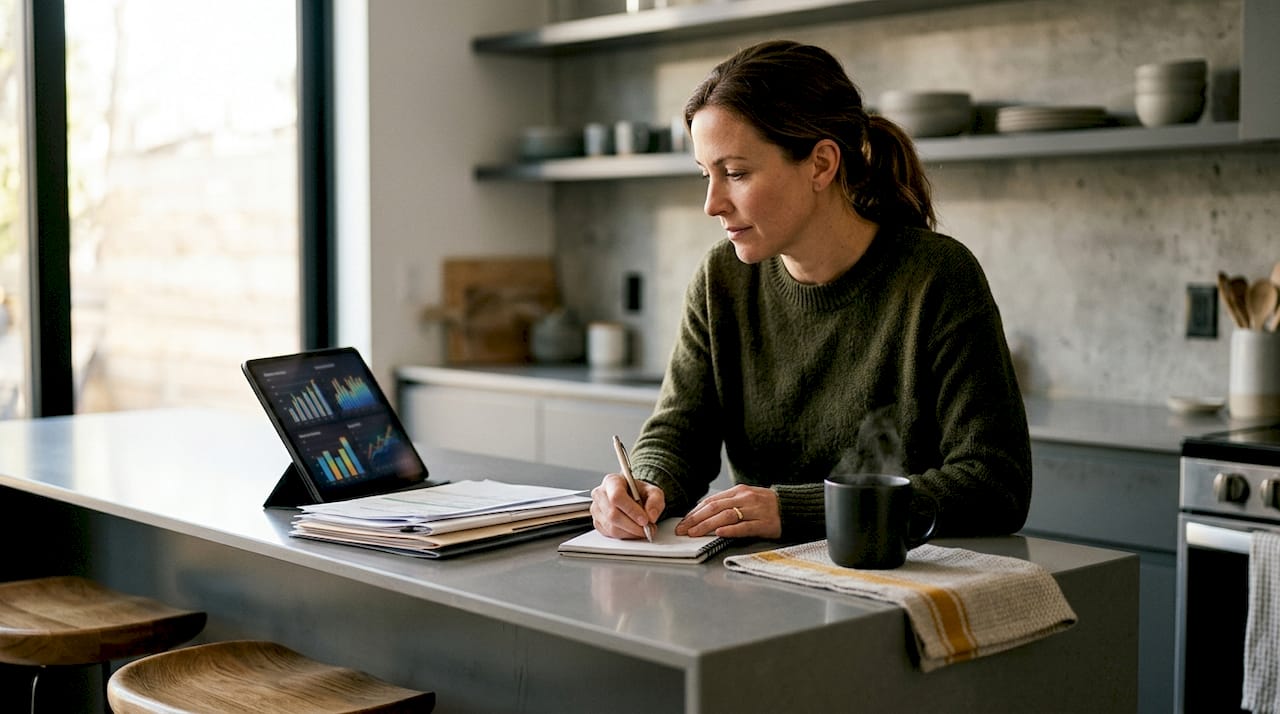 Investor reviewing investment growth charts on a tablet while planning contributions at a kitchen counter