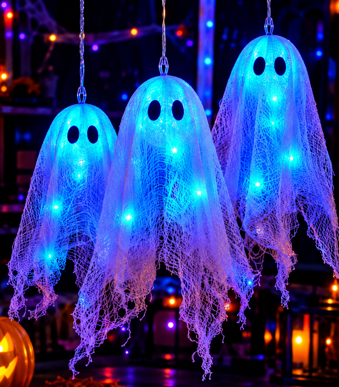 Three glowing blue ghost decorations hanging at a Halloween paint night