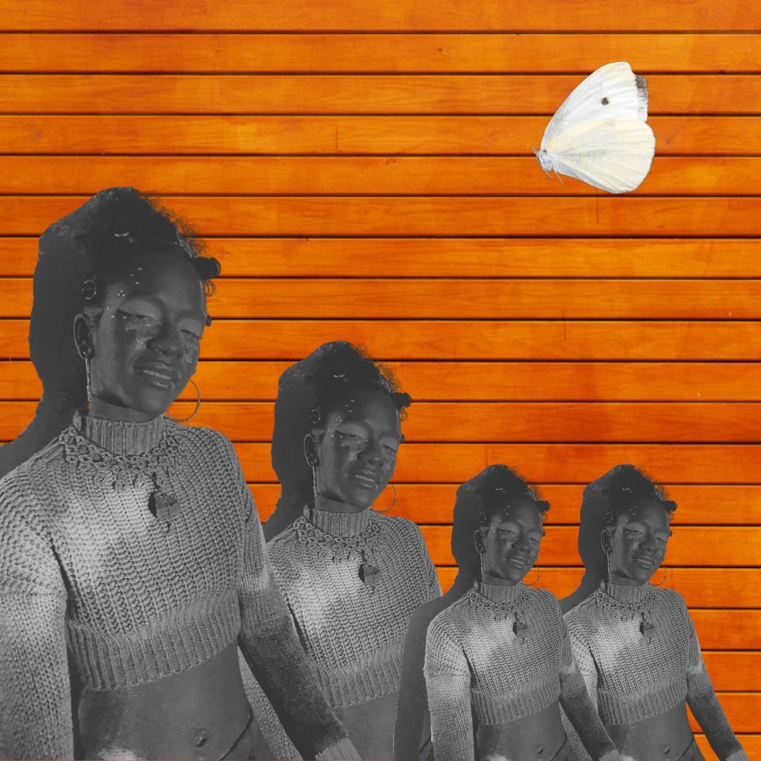 Four-clone figure on orange wood-grain background with butterfly