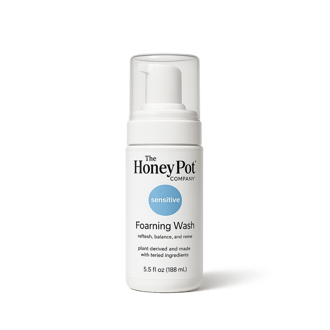 Honey Pot foaming wash white bottle rendered cleanly on a paper studio plate