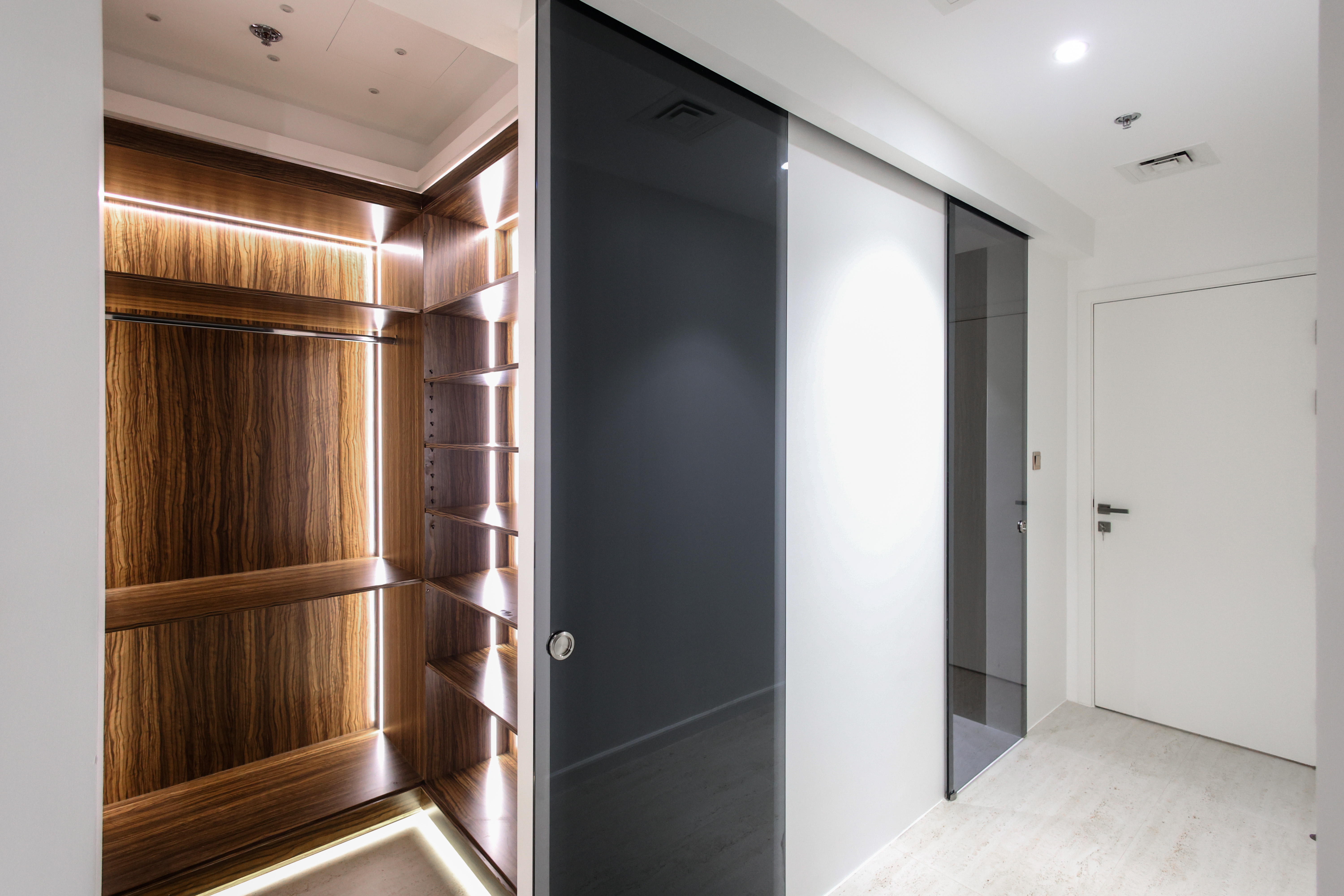 Walk-in closet with wood veneer and LED lighting