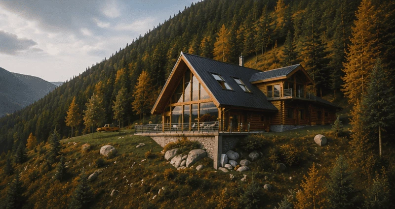 Modern a-frame cottage on hillside