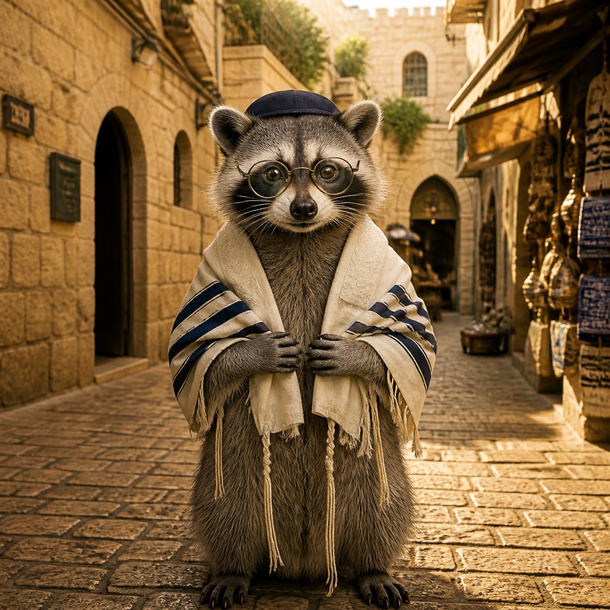 The Jewcoon standing in Jerusalem alley wearing tallit and kippah