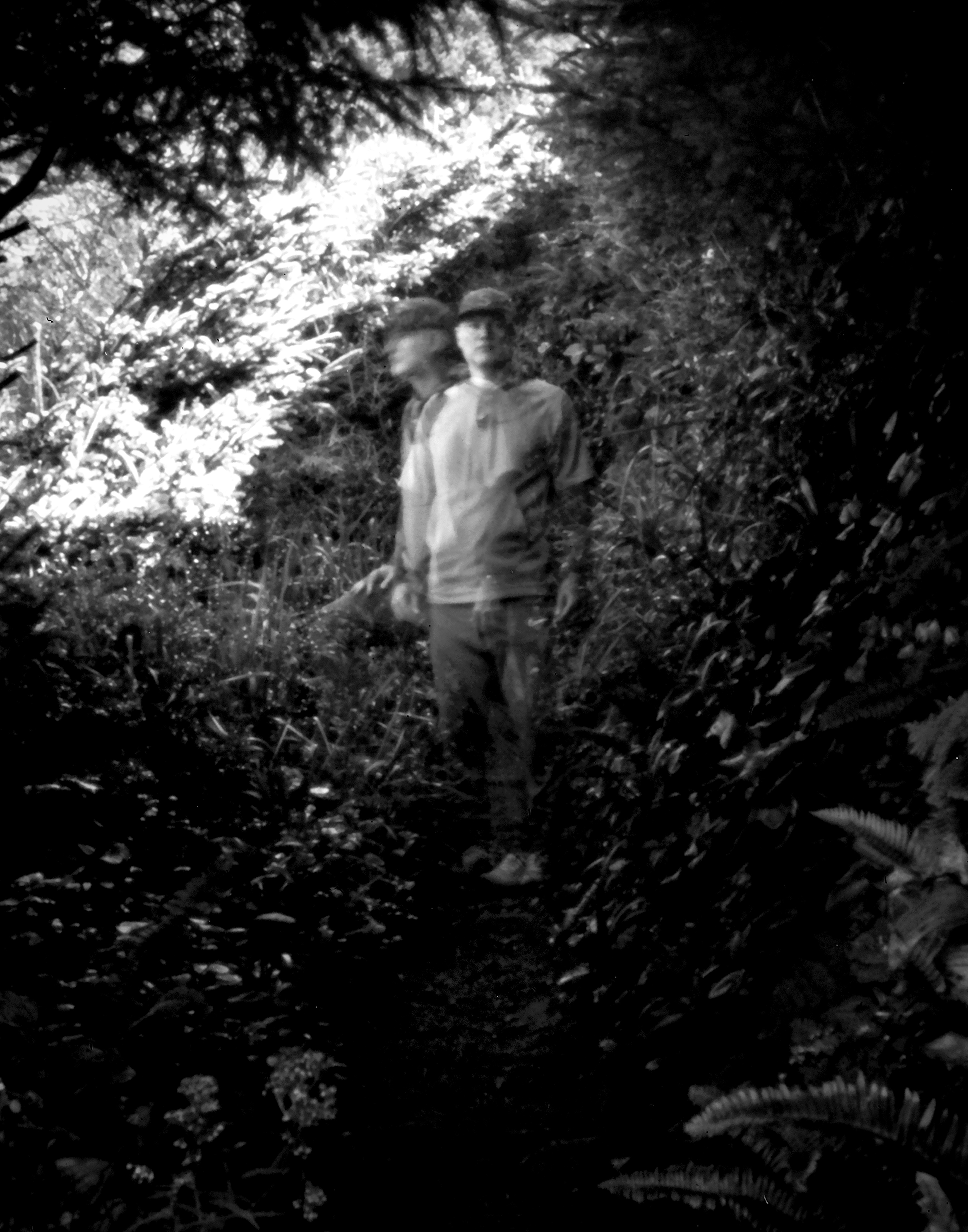 Two figures standing in dense forest foliage with ethereal soft-focus pinhole quality strong vignetting and dreamlike blur