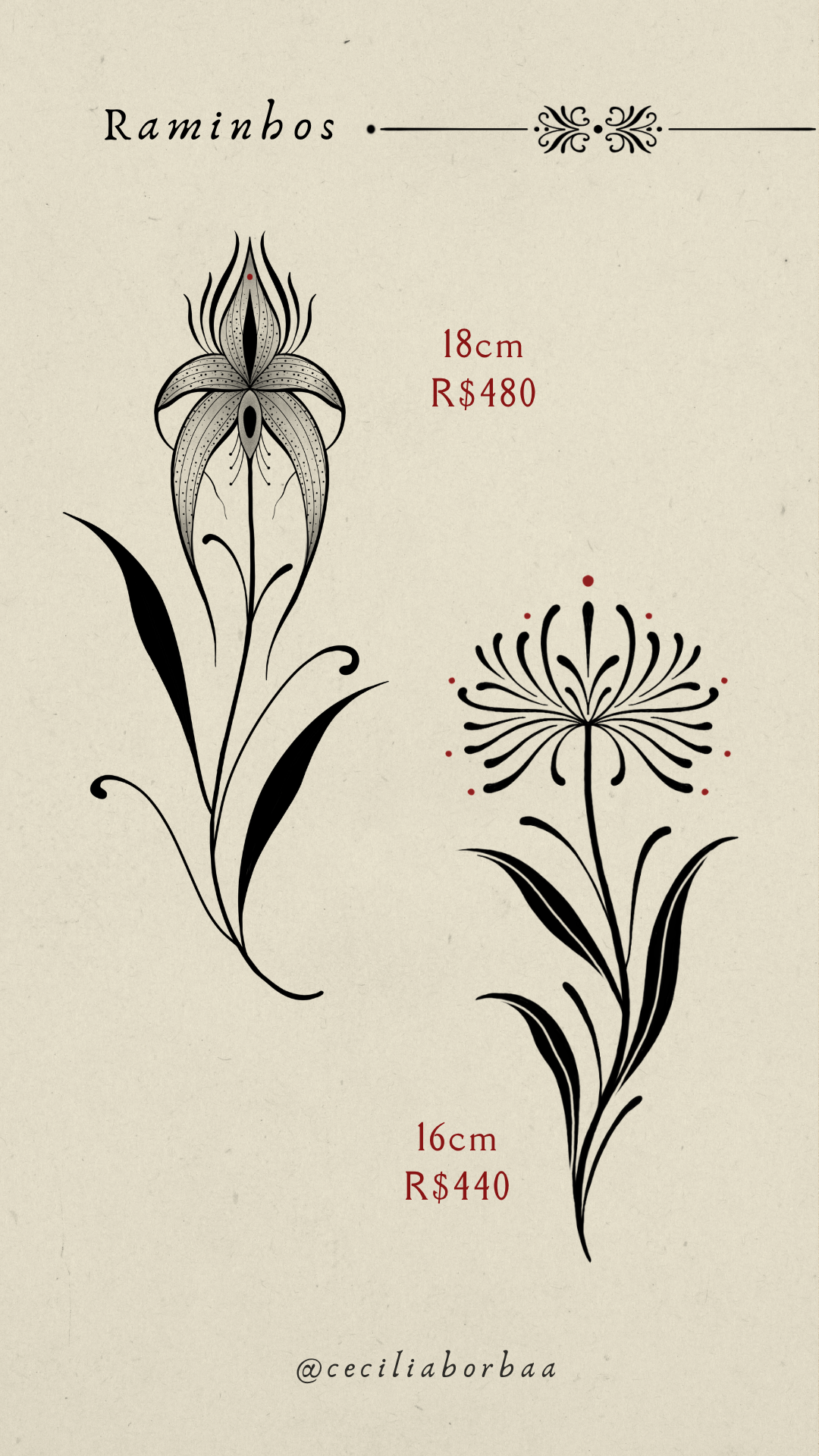 Dois raminhos: flor grande lisa e flor com pétalas abertas — Raminhos por Cecília Borba