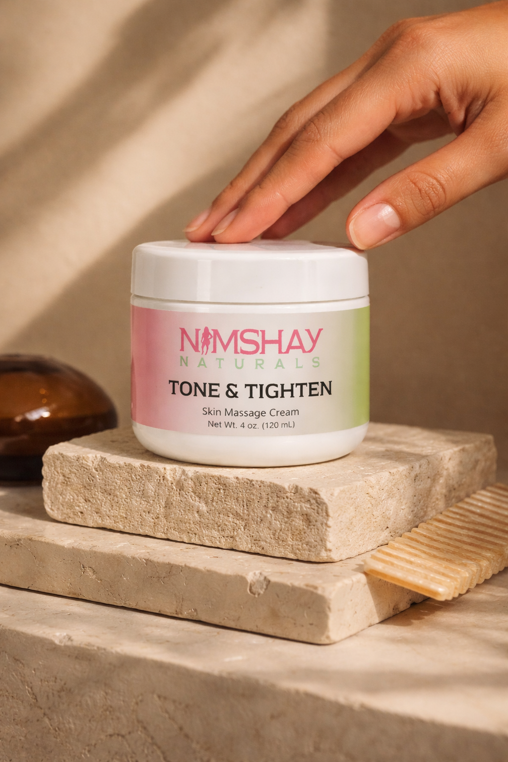 Skincare jar on stone in warm light
