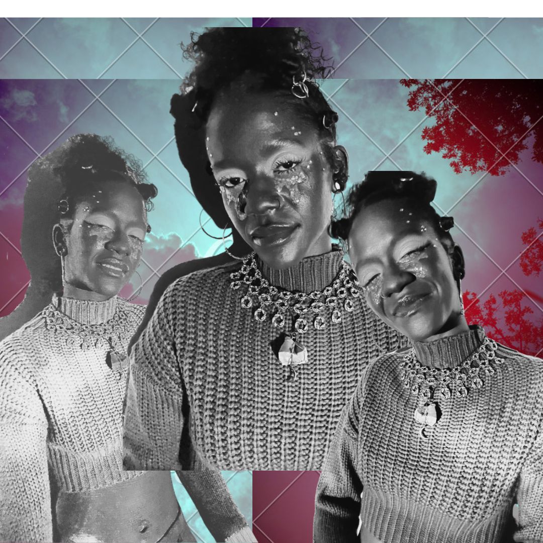 Triple-exposure group portrait on cyan and purple grid-sky background