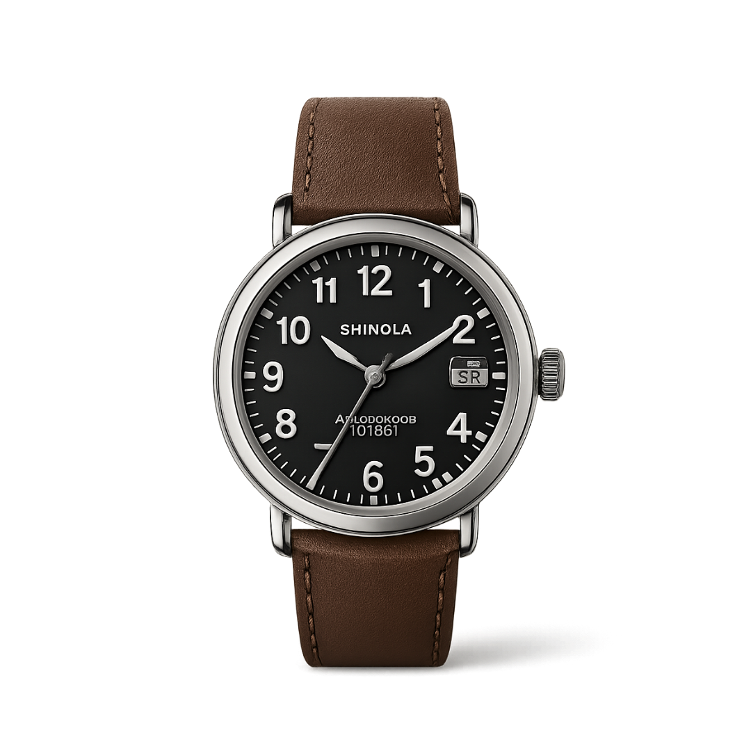 Shinola Detroit watch with brown leather strap and black dial rendered in editorial detail