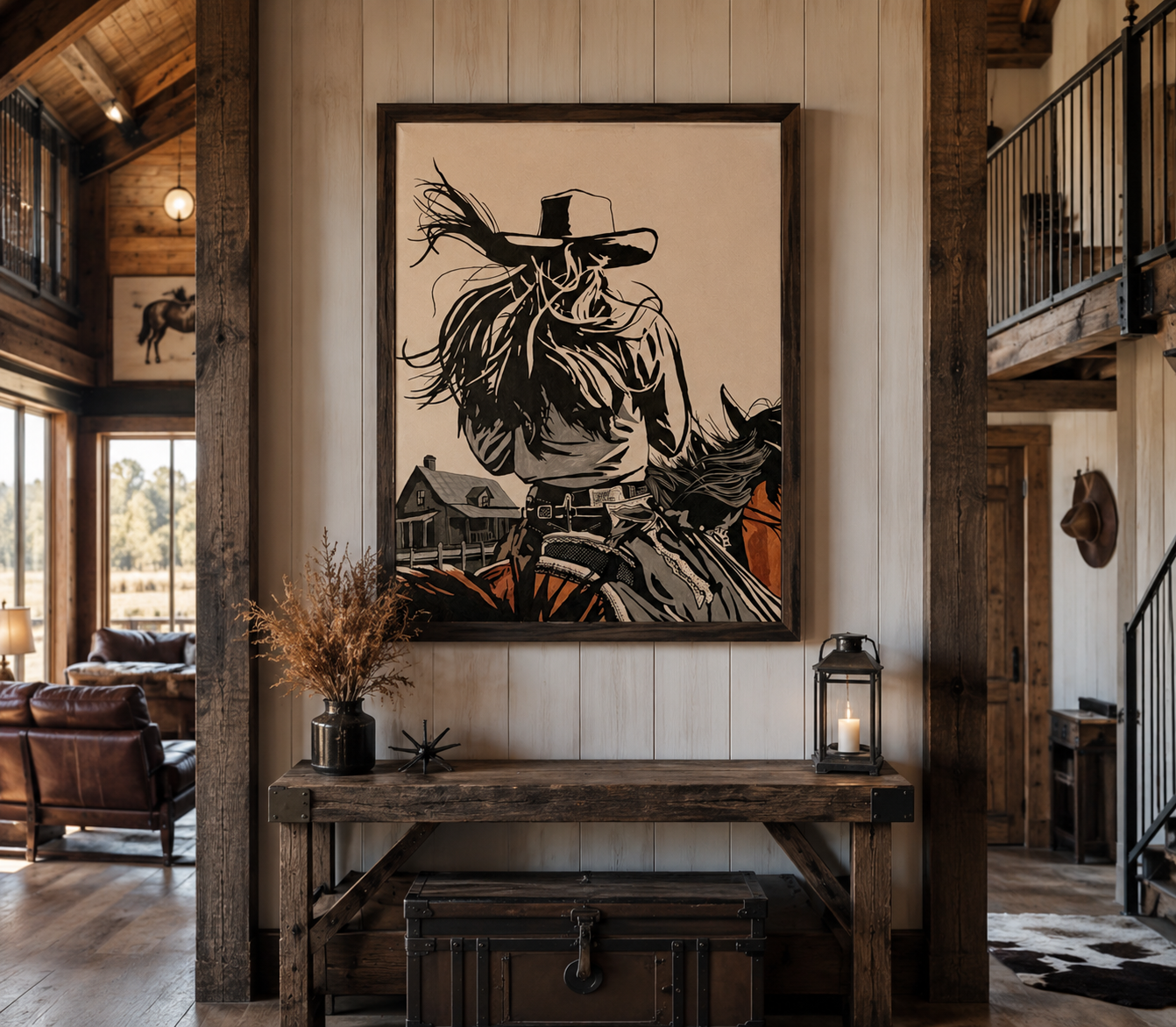 The Rider in the Wind, 30x40 acrylic painting by ZM Art in a rustic interior