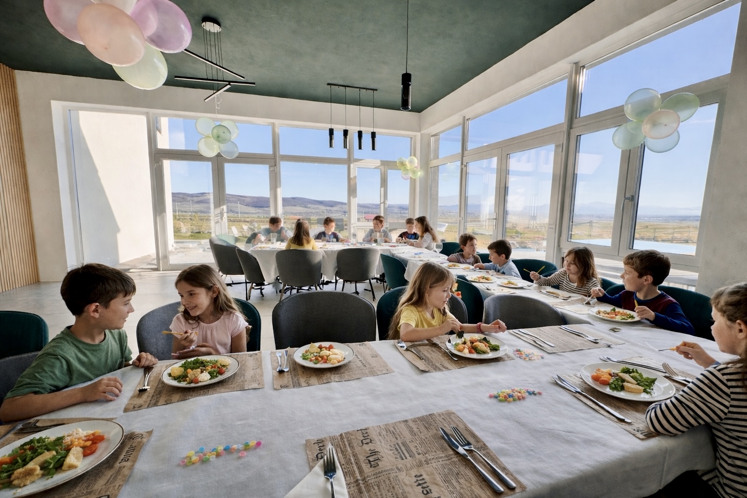 Children dining together with panoramic mountain views