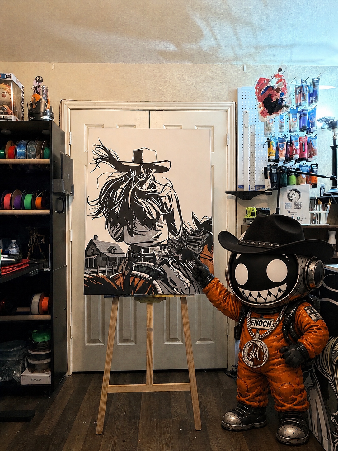 Zeke Martinez in his studio with ENOCH character and The Rider in the Wind painting