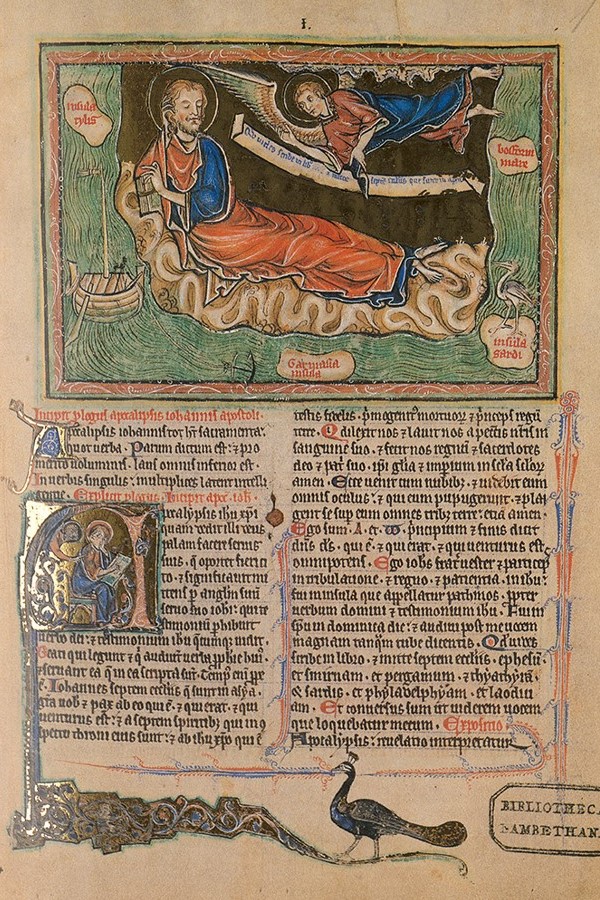 Medieval illuminated Apocalypse manuscript page with John on Patmos