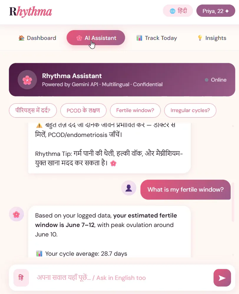 AI Assistant interface showing multilingual health guidance and symptom checking