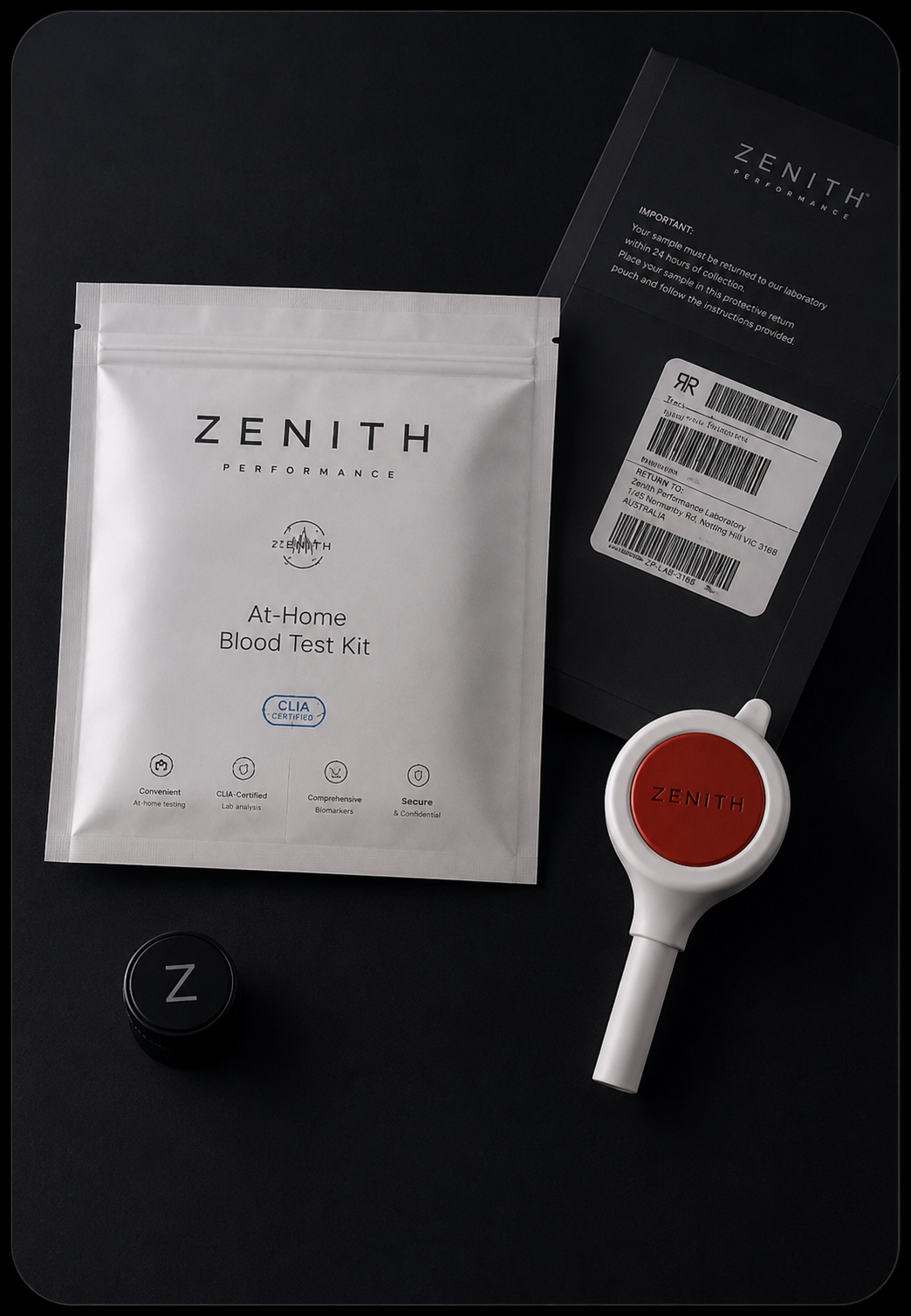 Zenith At-Home Blood Test Kit flatlay with collection device and return satchel