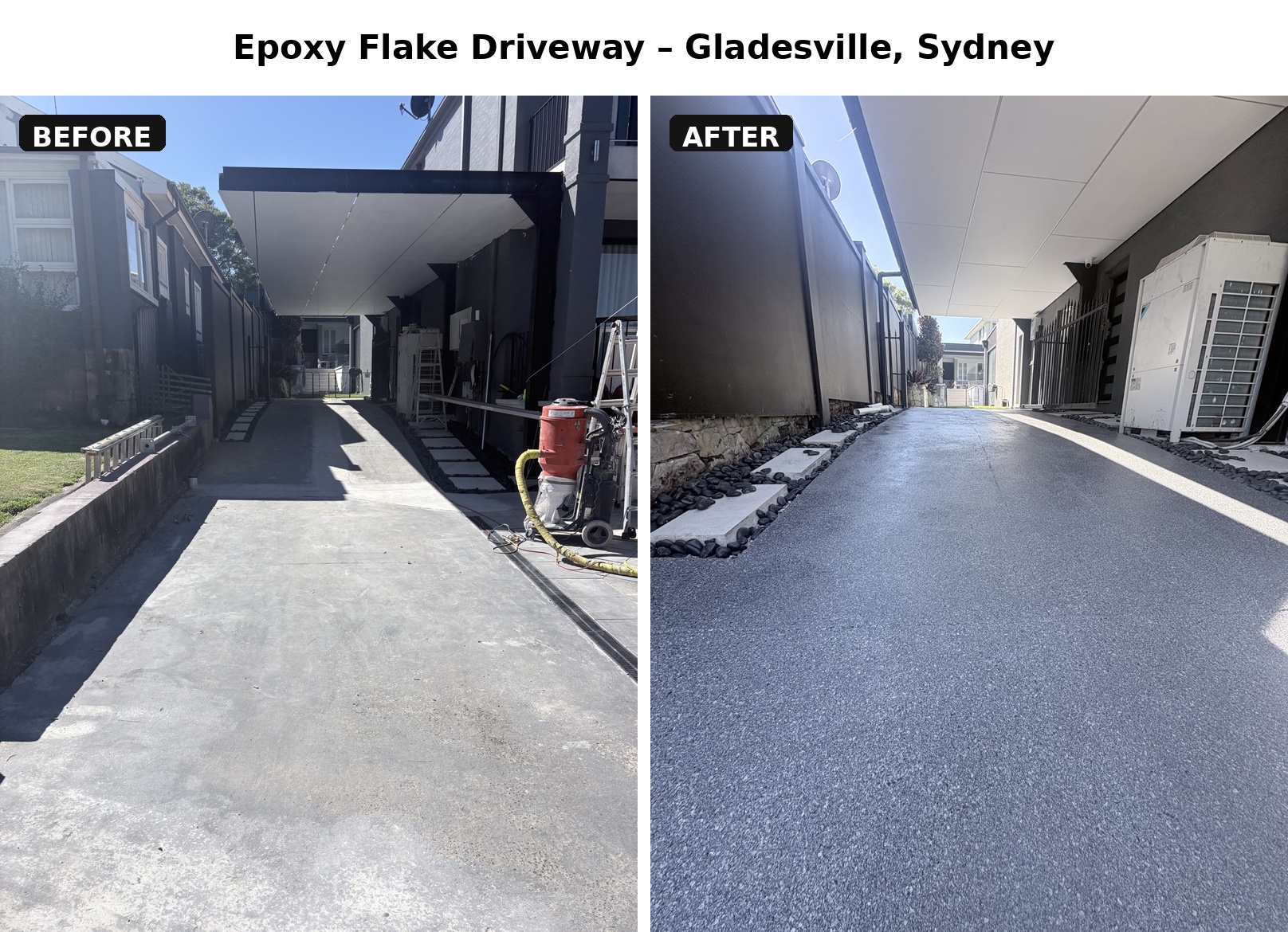Before and after decorative epoxy flake driveway resurfacing