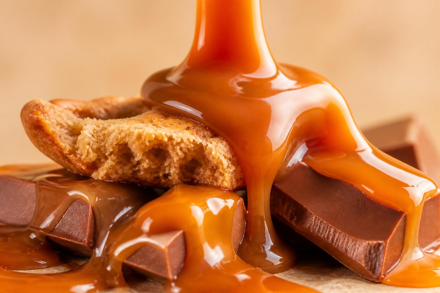 Close-up cross section of a chocolate bar with caramel and biscuit layers