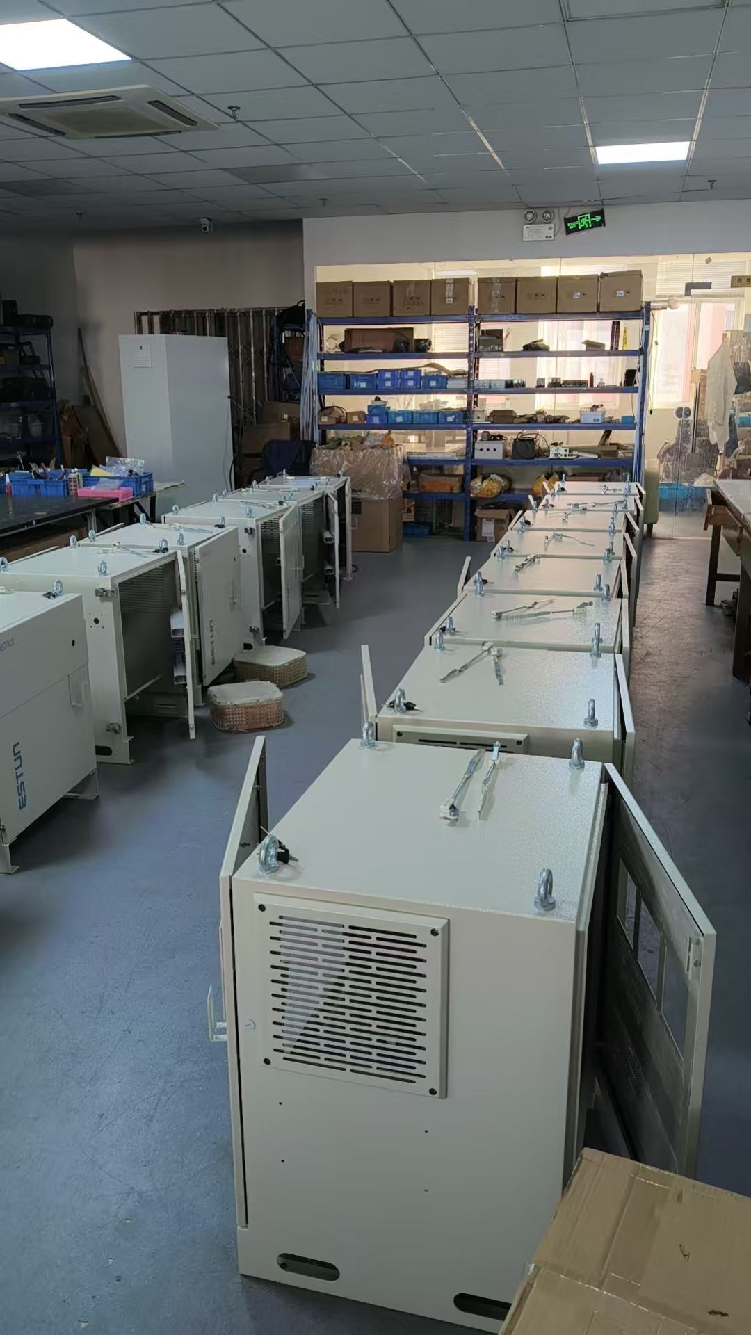 Production line with industrial control cabinets