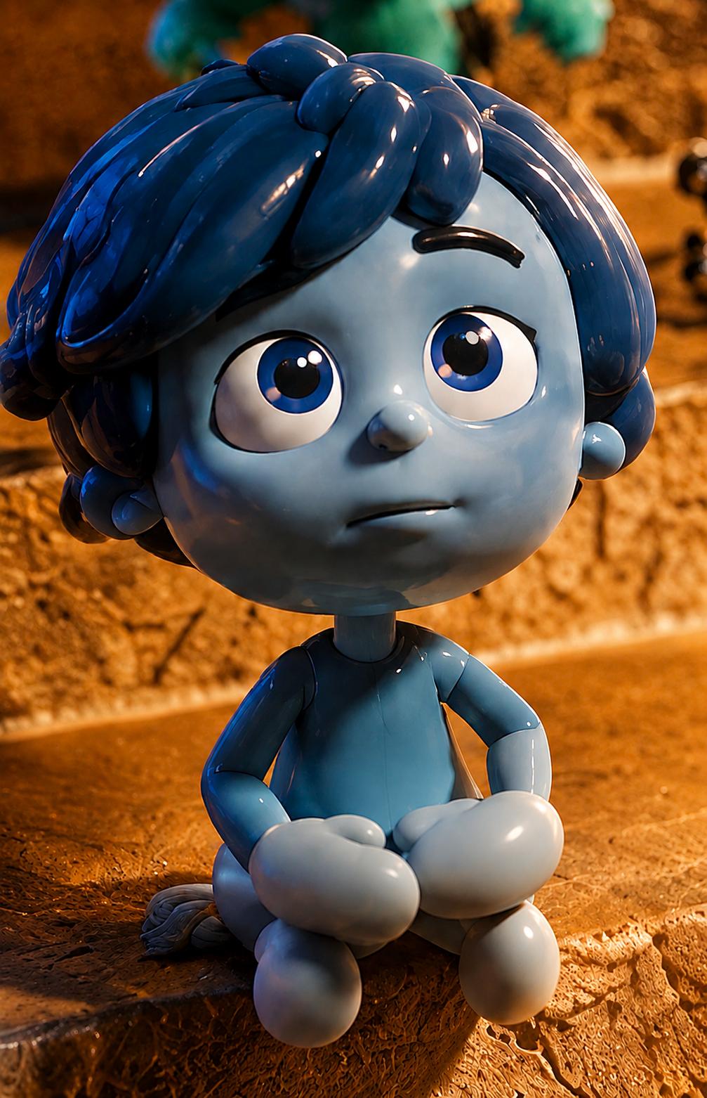 A blue Balloonites character sitting with a thoughtful expression