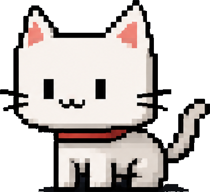 Pixel-art white cat with a red collar