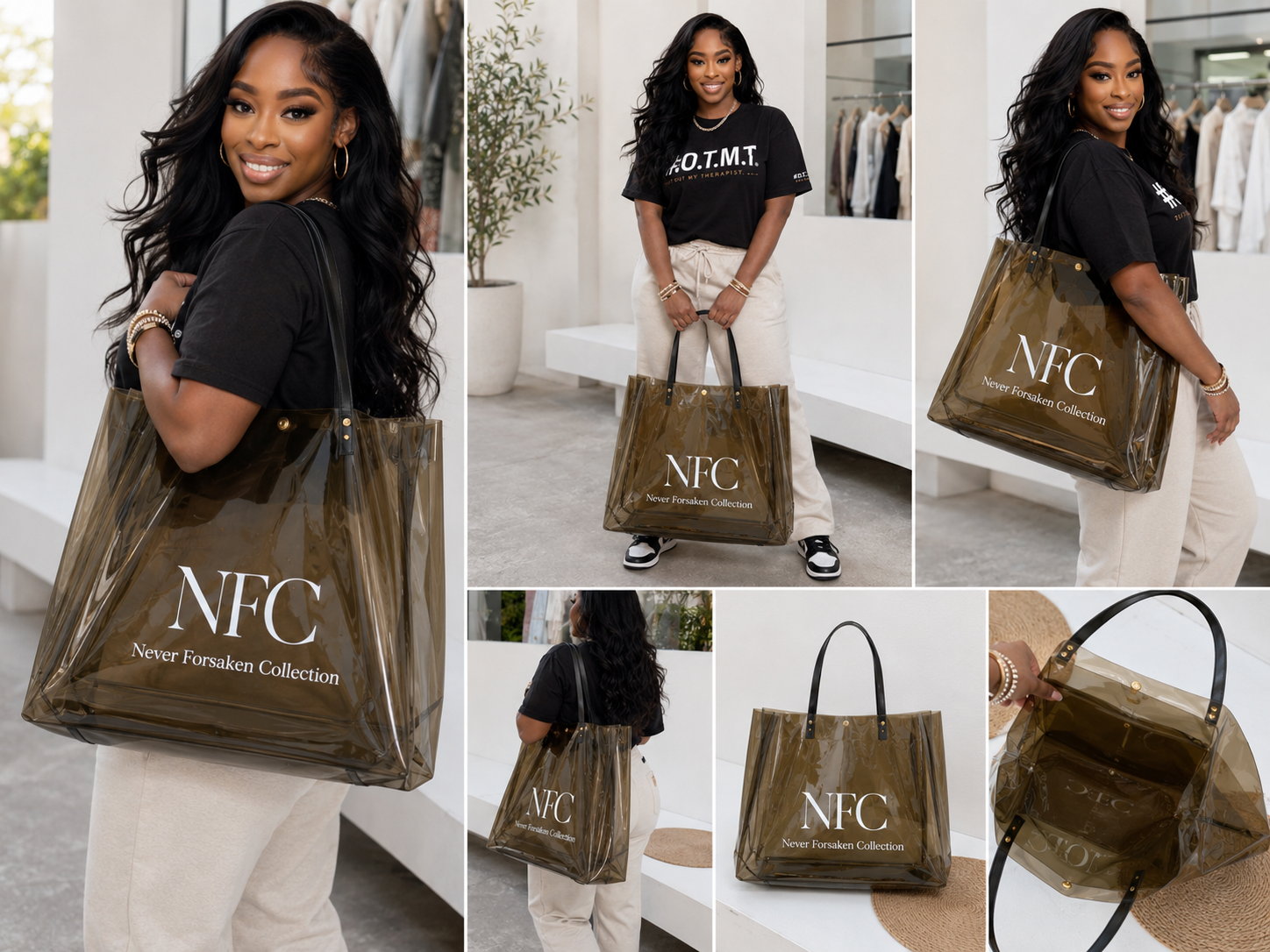 NFC Spiritual Transparency Bag — translucent tote shown from multiple angles