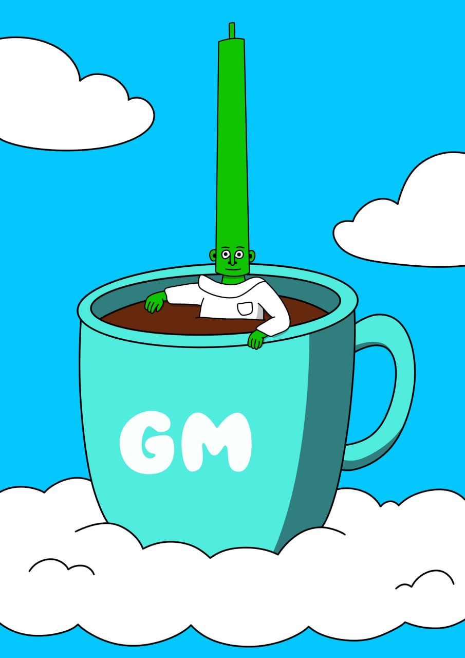 Fred in a GM coffee mug floating in clouds