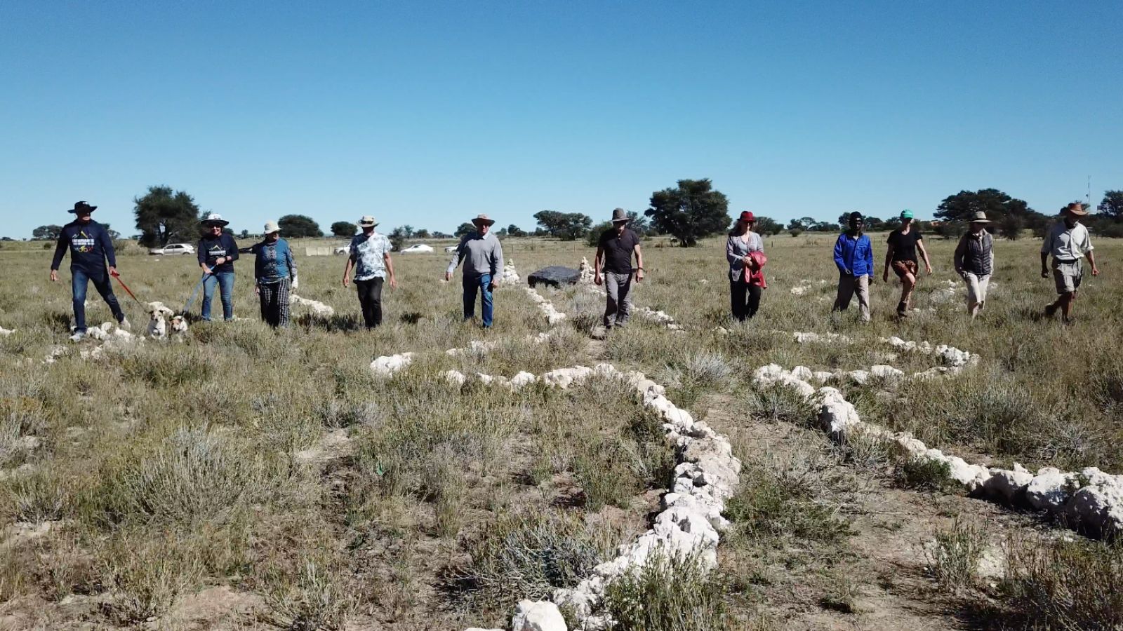 Large group standing on geoglyph with white markers