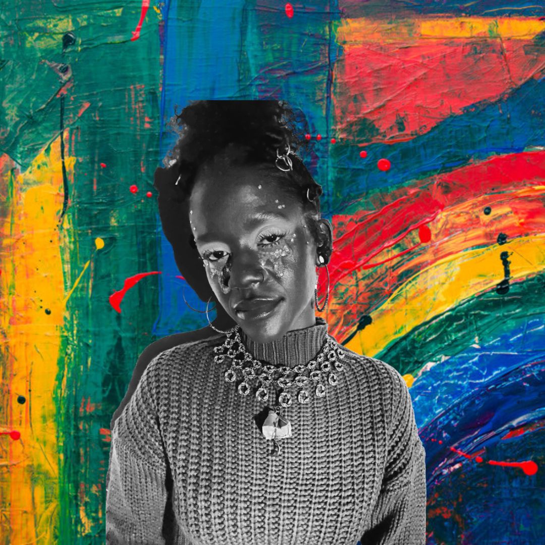 Editorial portrait against vivid painted green and red background