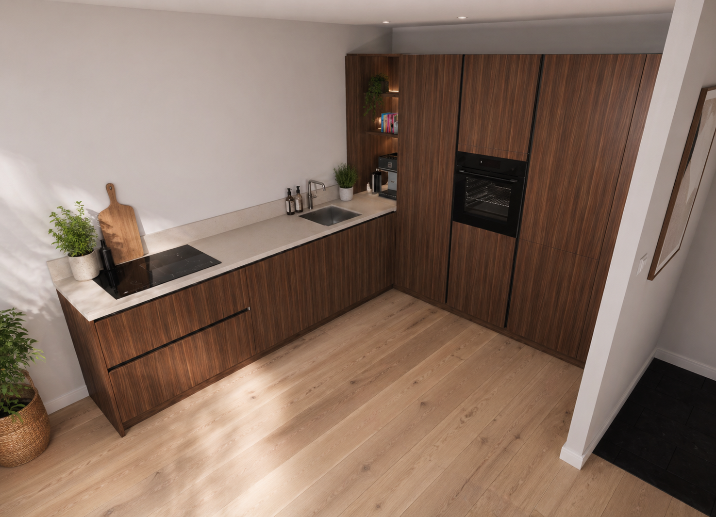 Walnoot hoek keuken met licht stenen blad